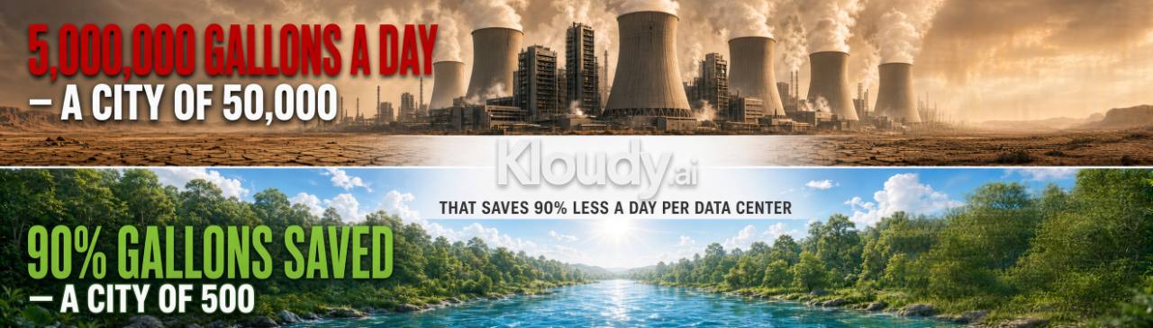 Owner-supplied campaign artwork: 5,000,000 gallons a day, 90% gallons saved, and a city of 500. These are campaign claims, not measured Kloudy results.